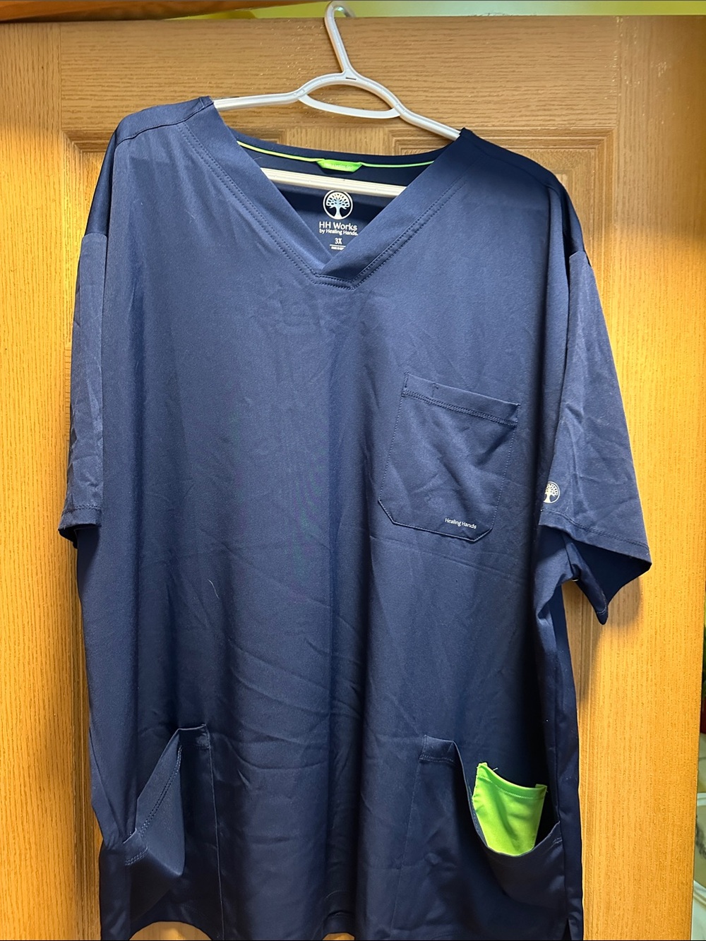 healing hands Navy V-Neck Scrub Top with Lime Accent